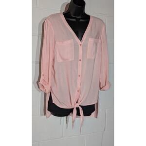 Jones New York Striped Tie Front Blouse Button Down Long Sleeve Shirt Medium